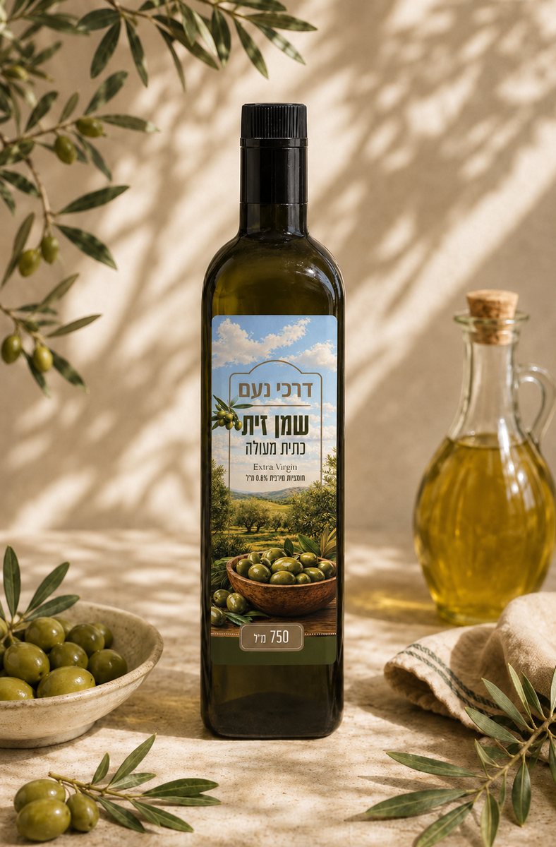 תמונת המוצר: בקבוק שמן זית על שולחן עץ